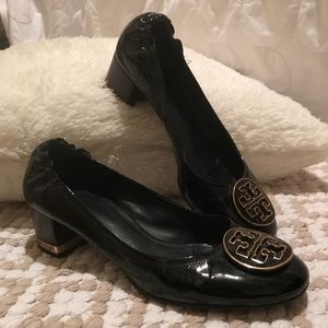 Tory Burch black patent leather block heels